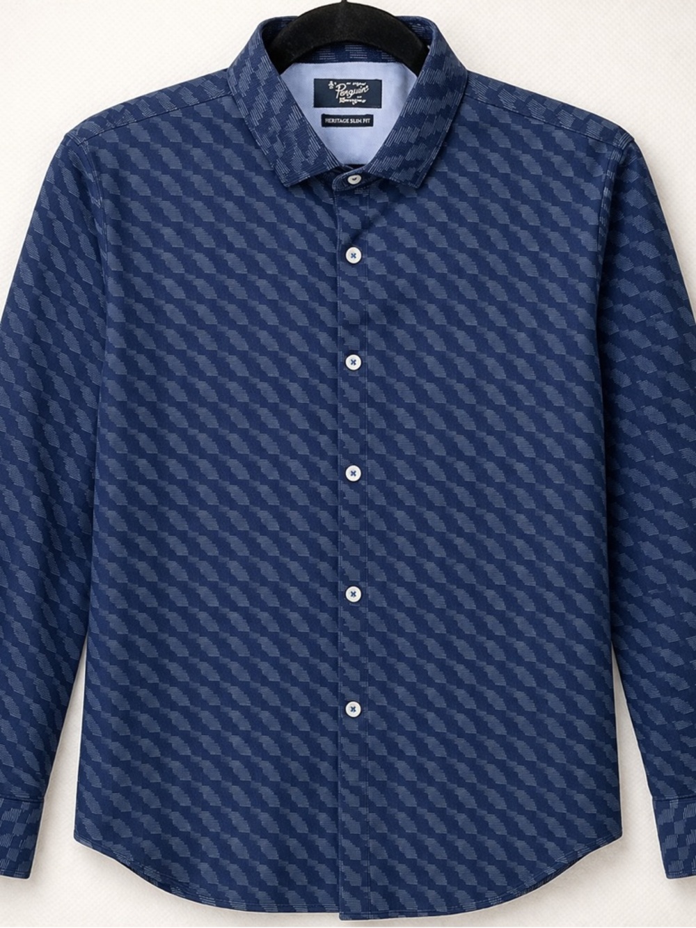 Original Penguin Heritage Slim Fit Geometric Button Down Shirt Blue Large